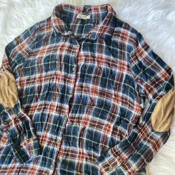 About A Girl Top Sz L Plaid Long Sleeve Button-Down Shirt Rayon Flannel Casual - Picture 2 of 9